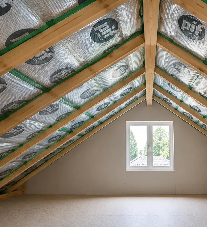 Zolderisolatie met PIF-isolatiefolie onder een schuin dak in een bestaande woning.