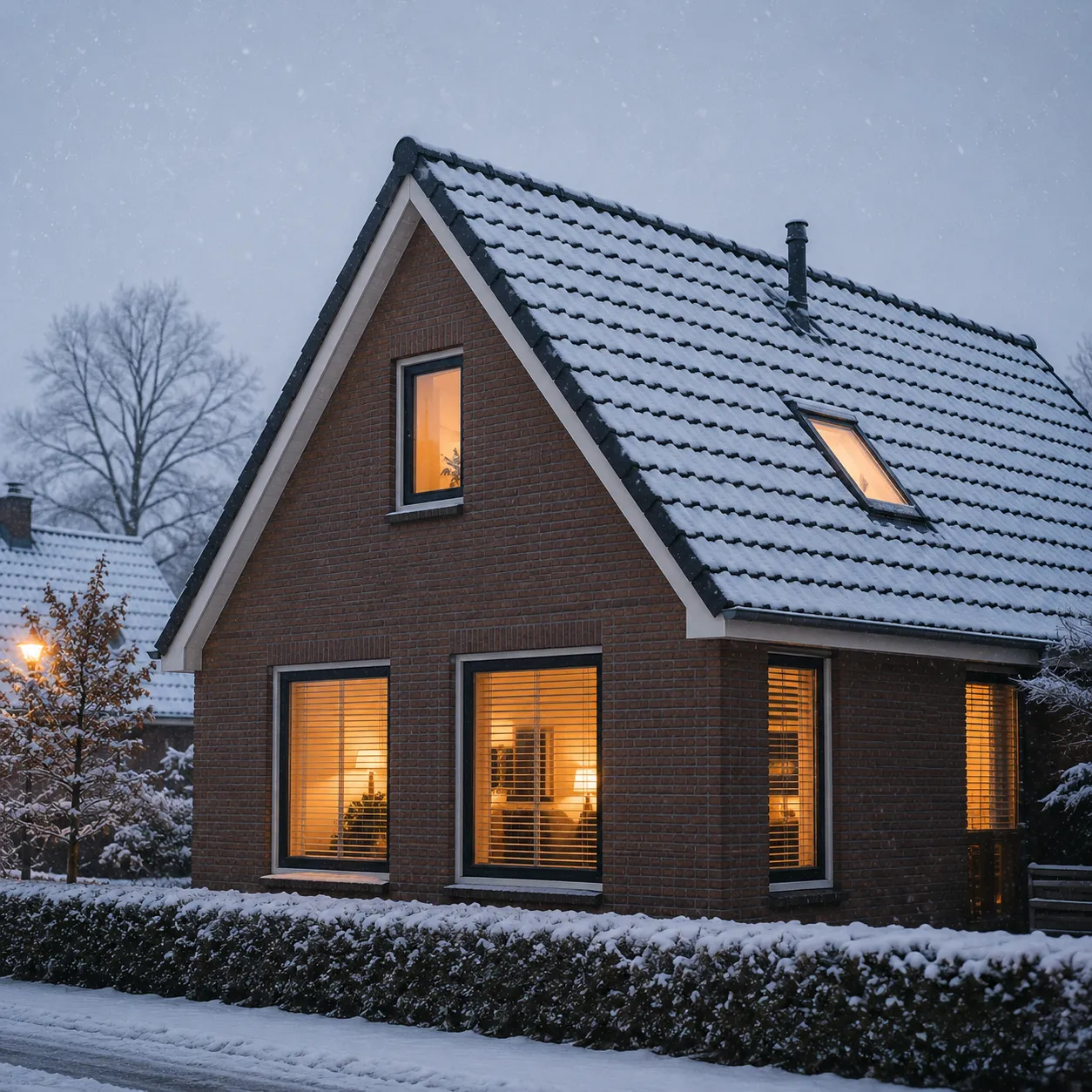 Goed geïsoleerde woning met schuin dak die warmte binnenhoudt tijdens een koude winterdag